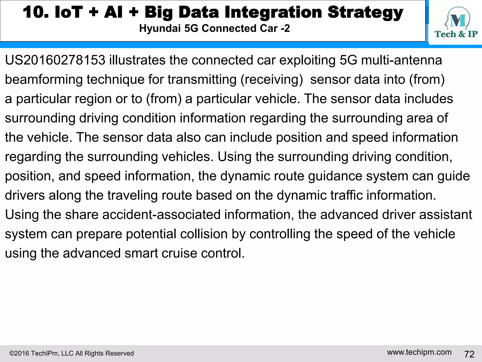 ©2016 TechIPm, LLC All Rights Reserved www.techipm.com 72
8. Artificial Intelligent Innovation Insights from Patents
Amazon Artificial Intelligence Strategy Insights from Patents
Autonomous Drones
US20160196755 illustrates a system for operating the autonomous drones.
The system exploits machine learning techniques to avoid collisions with the
ground or other objects. The system uses various types of sensors
(e.g., imaging, sonar, radar, lidar, infrared or laser) to detect a distance to an
object. Machine learning techniques are used to indicate at what levels
operating parameters (effective thrust of a propeller, speed of the airflow of the
propeller, etc.) are expected to be for a given distance of a drone from an
obstacle. Then, potential proximities to an obstacle can be determined based
on monitored parameter levels during flight.
 