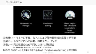 23
サーバレスまとめ
①美味い… マネージ不要、ミドルウェア等の脆弱性対応等々が不要
②早い… トリガに応じて起動、自動スケーリング
③安い… 完全従量のため利用しなければ無課金
（※常時演算をするケースだとサーバ建てた方が安い）
IaaS や PaaSといった言葉に当てこめ FaaS (Function as a Service) と呼ぶ事も
 