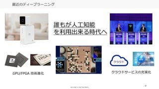 37
最近のディープラーニング
誰もが人工知能
を利用出来る時代へ
GPU/FPGA 技術進化
クラウド
クラウドサービスの充実化
 
