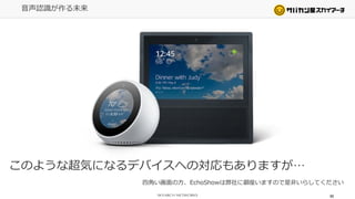 音声認識が作る未来
60
このような超気になるデバイスへの対応もありますが…
四角い画面の方、EchoShowは弊社に御座いますので是非いらしてください
 