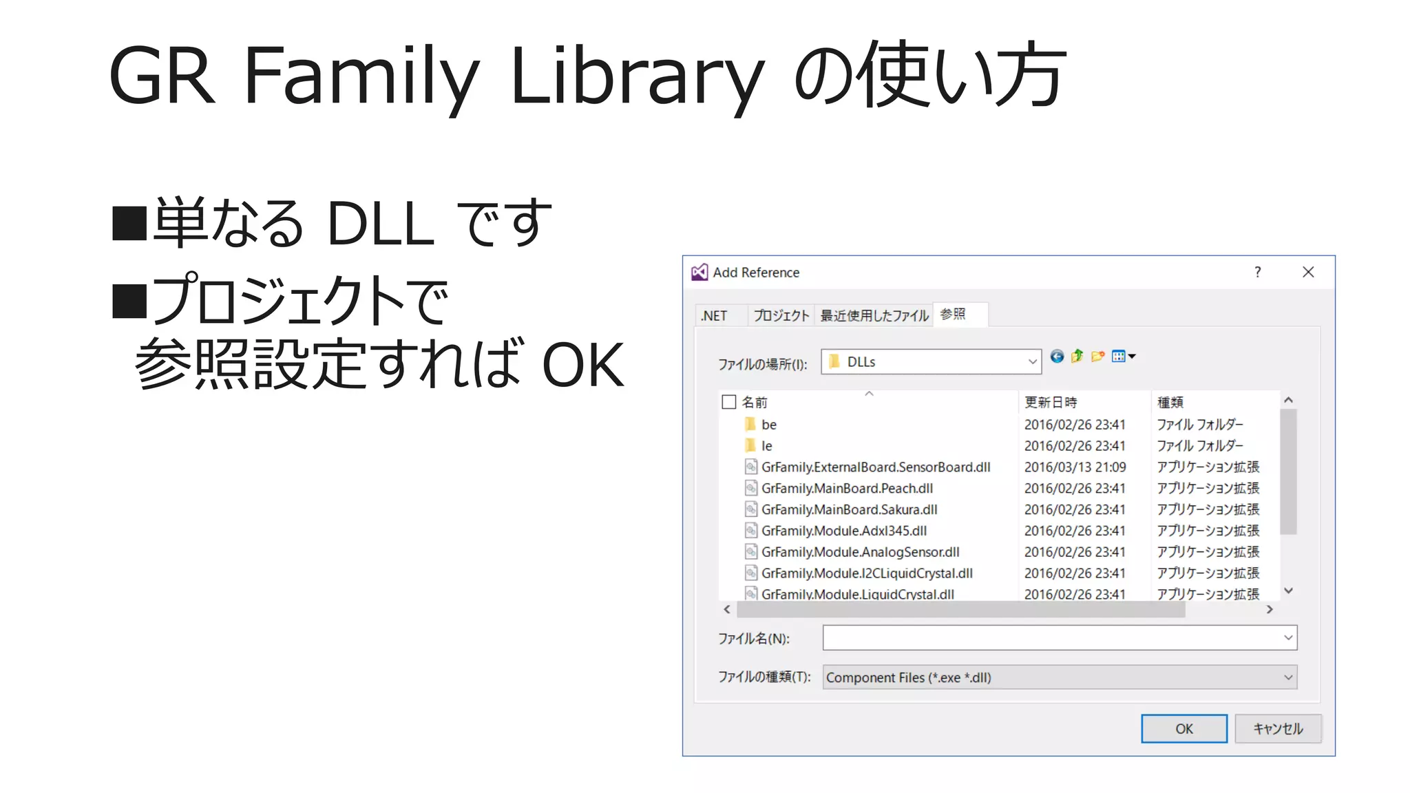 GR Family Library の使い方
単なる DLL です
プロジェクトで
参照設定すれば OK
 