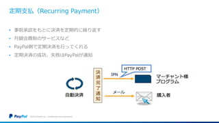 定期支払（Recurring Payment）
• 事前承認をもとに決済を定期的に繰り返す
• 月額会費制のサービスなど
• PayPal側で定期決済を行ってくれる
• 定期決済の成功、失敗はPayPalが通知
©2016 PayPal Inc. Confidential and proprietary.
 
