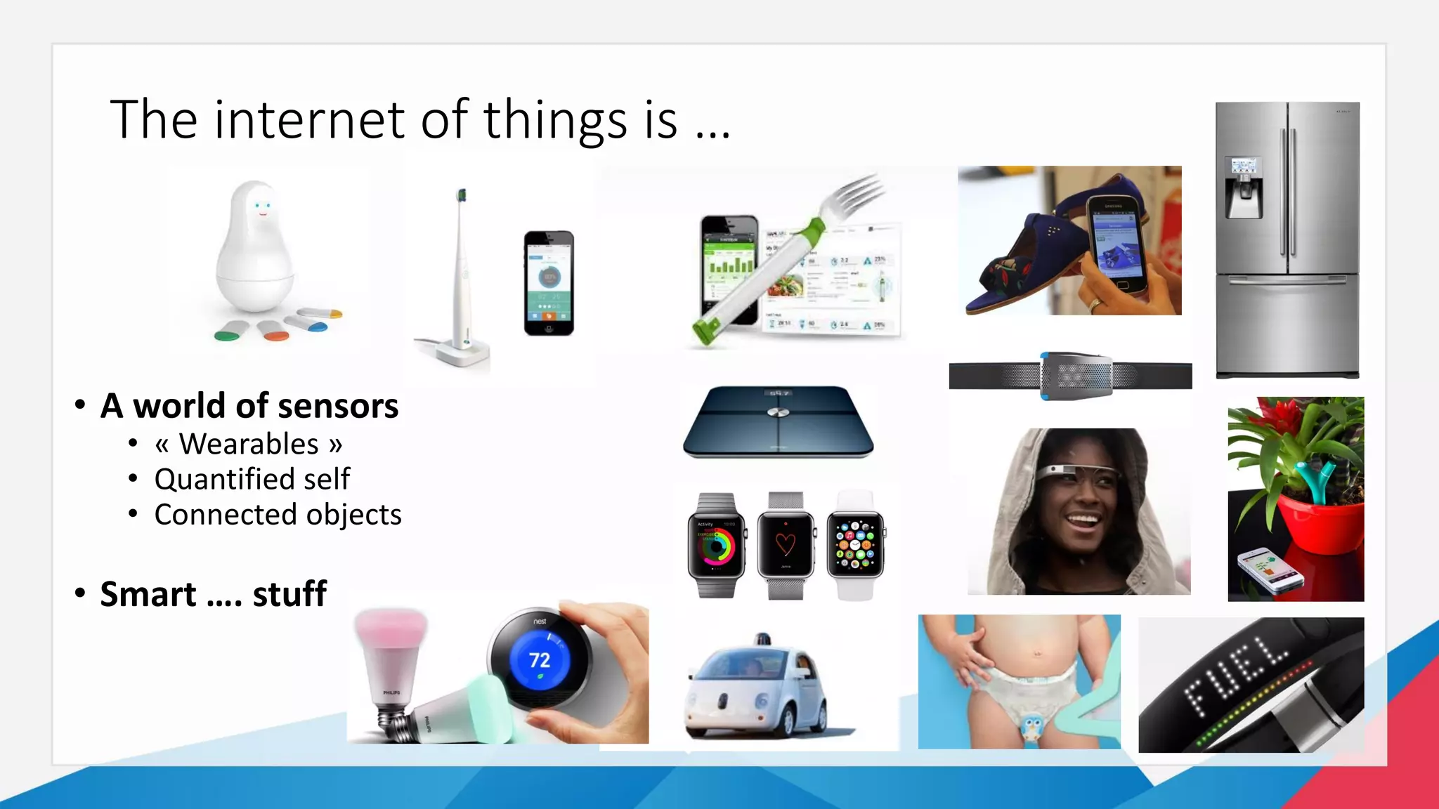 The internet of things is …
• A world of sensors
• « Wearables »
• Quantified self
• Connected objects
• Smart …. stuff
 