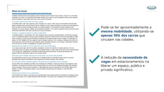 Pode-se ter aproximadamente a
mesma mobilidade, utilizando-se
apenas 10% dos carros que
circulam nas cidades.
A redução da necessidade de
vagas em estacionamentos irá
liberar um espaço, público e
privado significativo.
 
