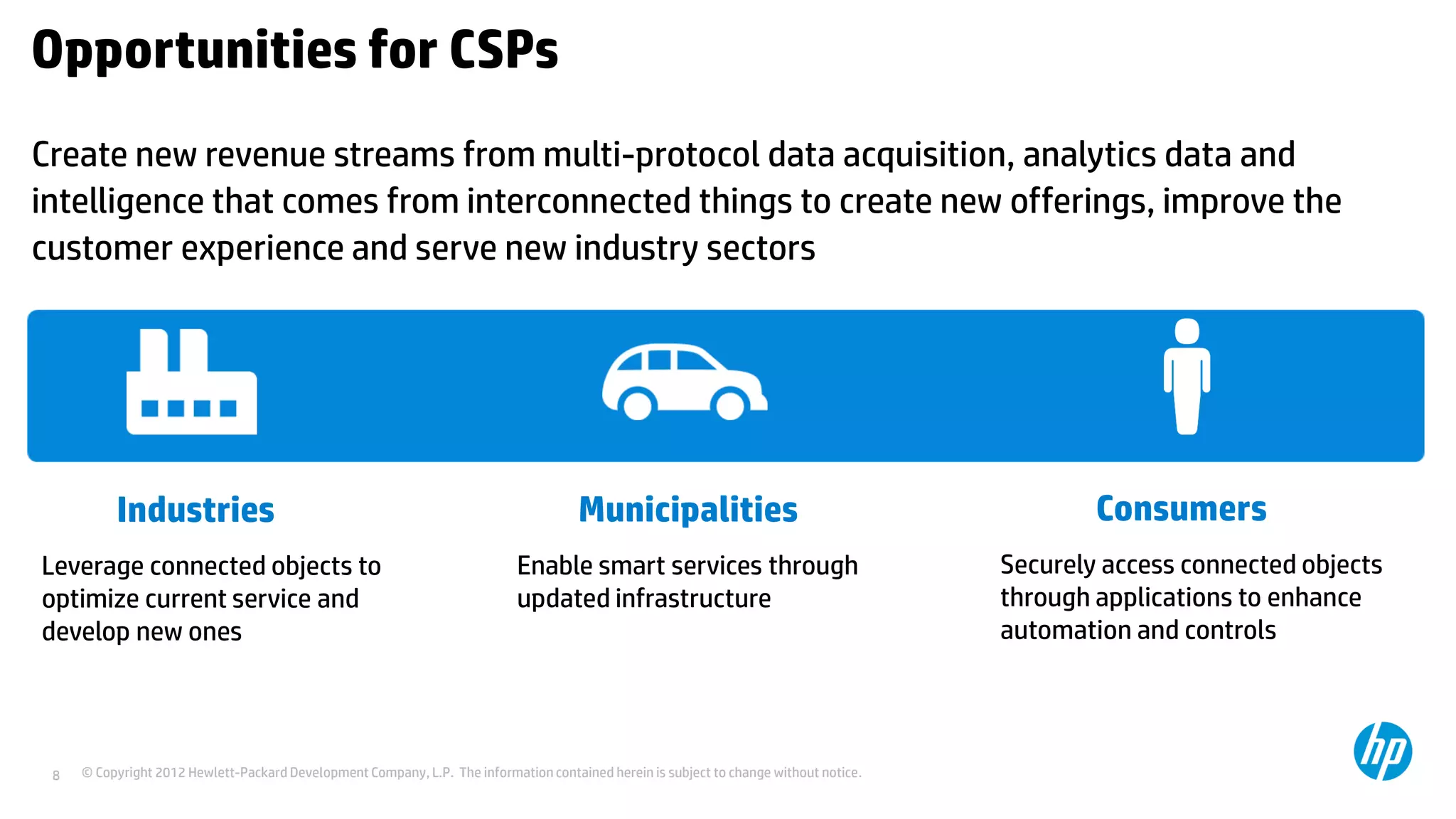 © Copyright 2012 Hewlett-Packard Development Company, L.P. The information contained herein is subject to change without notice.8
Opportunities for CSPs
Create new revenue streams from multi-protocol data acquisition, analytics data and
intelligence that comes from interconnected things to create new offerings, improve the
customer experience and serve new industry sectors
Consumers
Securely access connected objects
through applications to enhance
automation and controls
Industries
Leverage connected objects to
optimize current service and
develop new ones
Municipalities
Enable smart services through
updated infrastructure
 