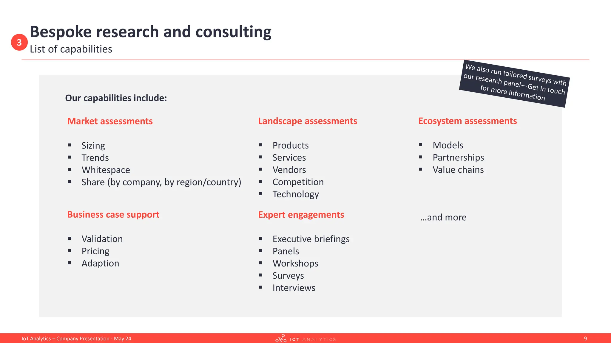 Bespoke research and consulting
List of capabilities
Our capabilities include:
Market assessments
▪ Sizing
▪ Trends
▪ Whitespace
▪ Share (by company, by region/country)
Business case support
▪ Validation
▪ Pricing
▪ Adaption
Landscape assessments
▪ Products
▪ Services
▪ Vendors
▪ Competition
▪ Technology
Expert engagements
▪ Executive briefings
▪ Panels
▪ Workshops
▪ Surveys
▪ Interviews
Ecosystem assessments
▪ Models
▪ Partnerships
▪ Value chains
…and more
3
9
IoT Analytics – Company Presentation - May 24
 