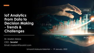 favoriot
IoT Analytics
From Data to
Decision Making
- Trends &
Challenges
Dr. Mazlan Abbas
CEO - favoriot
Email: mazlan@favoriot.com
Universiti Malaysia Kelantan – 19 January, 2022
 