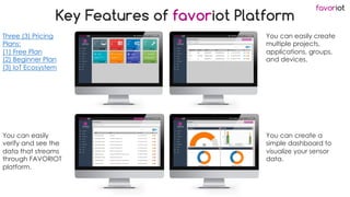 favoriot
Key Features of favoriot Platform
Three (3) Pricing
Plans:
(1) Free Plan
(2) Beginner Plan
(3) IoT Ecosystem
You can easily create
multiple projects,
applications, groups,
and devices.
You can easily
verify and see the
data that streams
through FAVORIOT
platform.
You can create a
simple dashboard to
visualize your sensor
data.
 