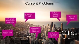 favoriot
There’s a
crime!
No Parking
Spaces!
Flood is bad!
No one is
handling the
garbage!
Building is on
Fire!
Buses didn’t
come on
schedule!
Pollution
getting
worse!
Cities
Current Problems
 