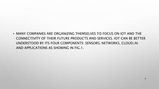 • MANY COMPANIES ARE ORGANIZING THEMSELVES TO FOCUS ON IOT AND THE
CONNECTIVITY OF THEIR FUTURE PRODUCTS AND SERVICES. IOT CAN BE BETTER
UNDERSTOOD BY ITS FOUR COMPONENTS: SENSORS, NETWORKS, CLOUD/AI
AND APPLICATIONS AS SHOWING IN FIG.1.
6
 