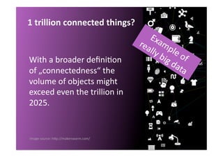 Image	
  source:	
  hgp://makerswarm.com/	
  	
  
With	
  a	
  broader	
  deﬁniQon	
  
of	
  „connectedness“	
  the	
  
volume	
  of	
  objects	
  might	
  
exceed	
  even	
  the	
  trillion	
  in	
  
2025.	
  
1	
  trillion	
  connected	
  things?	
  
 