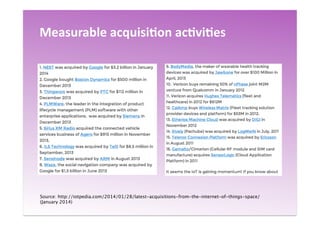 Measurable	
  acquisi:on	
  ac:vi:es	
  	
  
Source: http://iotpedia.com/2014/01/28/latest-acquisitions-from-the-internet-of-things-space/
(January 2014)	
  
 