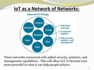 IoT as a Network of Networks:
10
These networks connected with added security, analytics, and
management capabilities. This will allow IoT to become even
more powerful in what it can help people achieve.
 