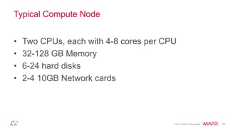 © 2014 MapR Technologies 18
Typical Compute Node
• Two CPUs, each with 4-8 cores per CPU
• 32-128 GB Memory
• 6-24 hard disks
• 2-4 10GB Network cards
 