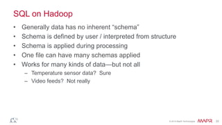 © 2014 MapR Technologies 22
SQL on Hadoop
• Generally data has no inherent ―schema‖
• Schema is defined by user / interpreted from structure
• Schema is applied during processing
• One file can have many schemas applied
• Works for many kinds of data—but not all
– Temperature sensor data? Sure
– Video feeds? Not really
 