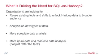 © 2014 MapR Technologies 24
What is Driving the Need for SQL-on-Hadoop?
Organizations are looking for
• Reuse existing tools and skills to unlock Hadoop data to broader
audience
• Analysis on new types of data
• More complete data analysis
• More up-to-date and real-time data analysis
(not just ―after the fact‖)
 
