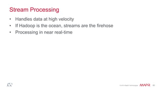© 2014 MapR Technologies 42
Stream Processing
• Handles data at high velocity
• If Hadoop is the ocean, streams are the firehose
• Processing in near real-time
 