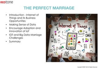 Copyright	©	RIOT	2015	All	Rights	Reserved	
THE PERFECT MARRIAGE
•  Introduction - Internet of
Things and its Business
Opportunities
•  Making Sense of Data
•  Encourage Adoption and
Innovation of IoT
•  IOT and Big Data Marriage
Challenges
•  Summary
 