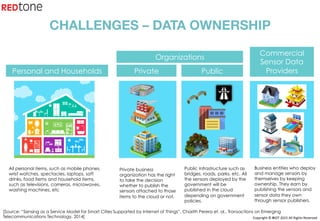 Copyright	©	RIOT	2015	All	Rights	Reserved	
All personal items, such as mobile phones,
wrist watches, spectacles, laptops, soft
drinks, food items and household items,
such as televisions, cameras, microwaves,
washing machines, etc
Private business
organization has the right
to take the decision
whether to publish the
sensors attached to those
items to the cloud or not.
Public infrastructure such as
bridges, roads, parks, etc. All
the sensors deployed by the
government will be
published in the cloud
depending on government
policies.
Business entities who deploy
and manage sensors by
themselves by keeping
ownership. They earn by
publishing the sensors and
sensor data they own
through sensor publishers.
Personal and Households
Commercial
Sensor Data
Providers
Organizations
PublicPrivate
[Source: “Sensing as a Service Model for Smart Cities Supported by Internet of Things”, Charith Perera et. al., Transactions on Emerging
Telecommunications Technology, 2014]
CHALLENGES – DATA OWNERSHIP
 