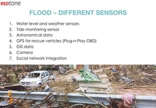 Copyright	©	RIOT	2015	All	Rights	Reserved	
FLOOD – DIFFERENT SENSORS
1.  Water level and weather sensors
2.  Tide monitoring sensor
3.  Astronomical data
4.  GPS for rescue vehicles (Plug-n-Play OBD)
5.  GIS data
6.  Camera
7.  Social network integration
 