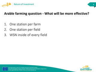 This document is part of a project that has received funding
from the European Union’s Horizon 2020 research and innovation programme
under agreement No 732064. Find us at www.databio.eu
6Return of Investment
Arable farming question - What will be more effective?
1. One station per farm
2. One station per field
3. WSN inside of every field
 