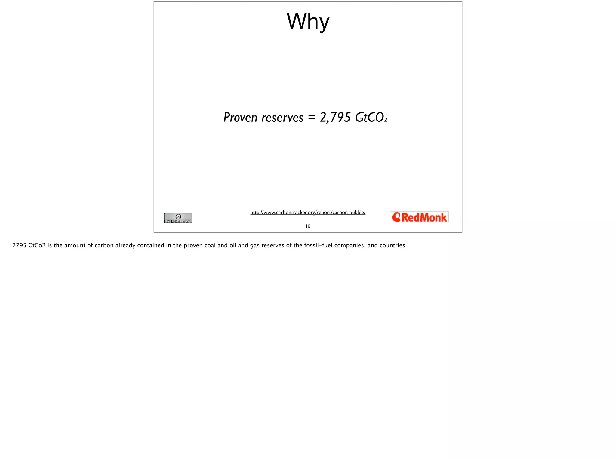 Why 
Proven reserves = 2,795 GtCO2 
http://www.carbontracker.org/report/carbon-bubble/ 
10 
 
