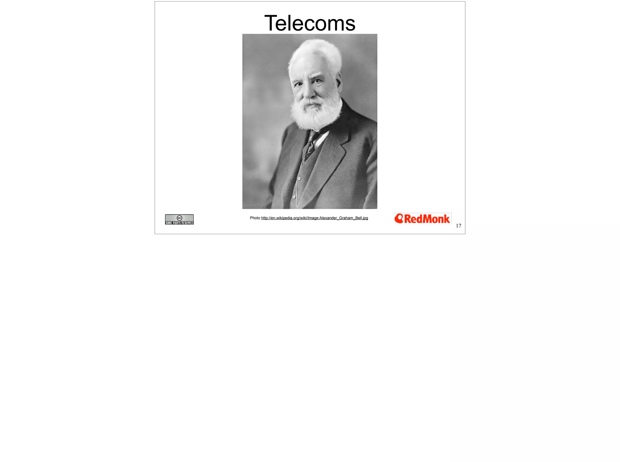 Telecoms 
Photo http://en.wikipedia.org/wiki/Image:Alexander_Graham_Bell.jpg 
17 
 