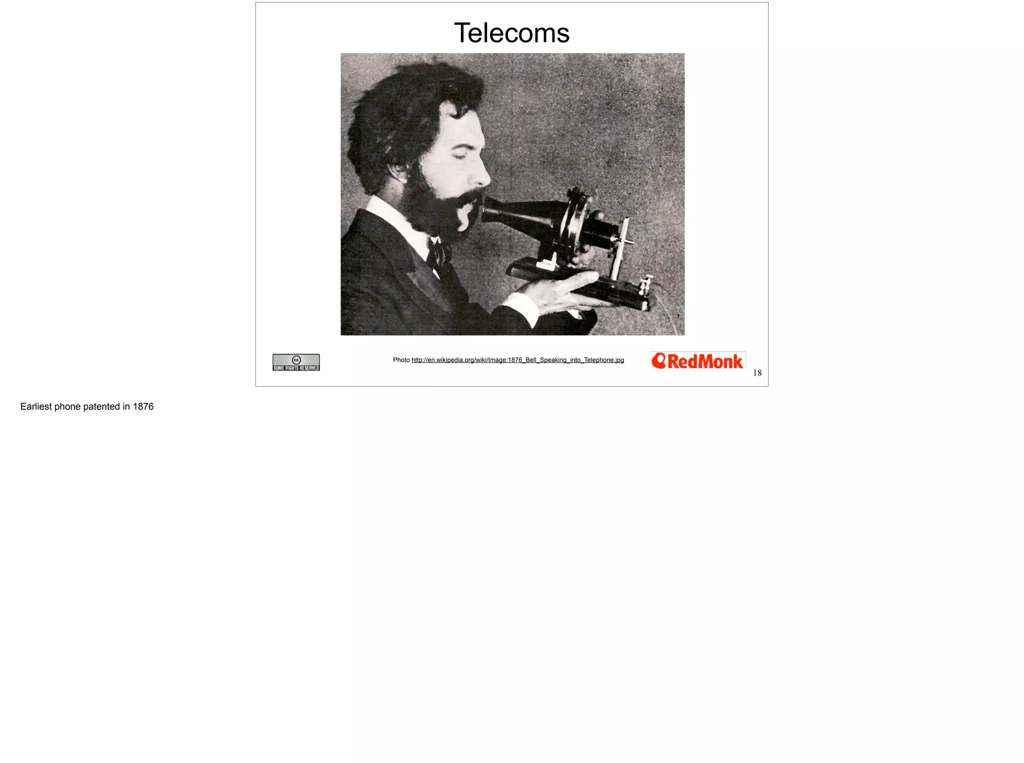 Telecoms 
Photo http://en.wikipedia.org/wiki/Image:1876_Bell_Speaking_into_Telephone.jpg 
18 
 
