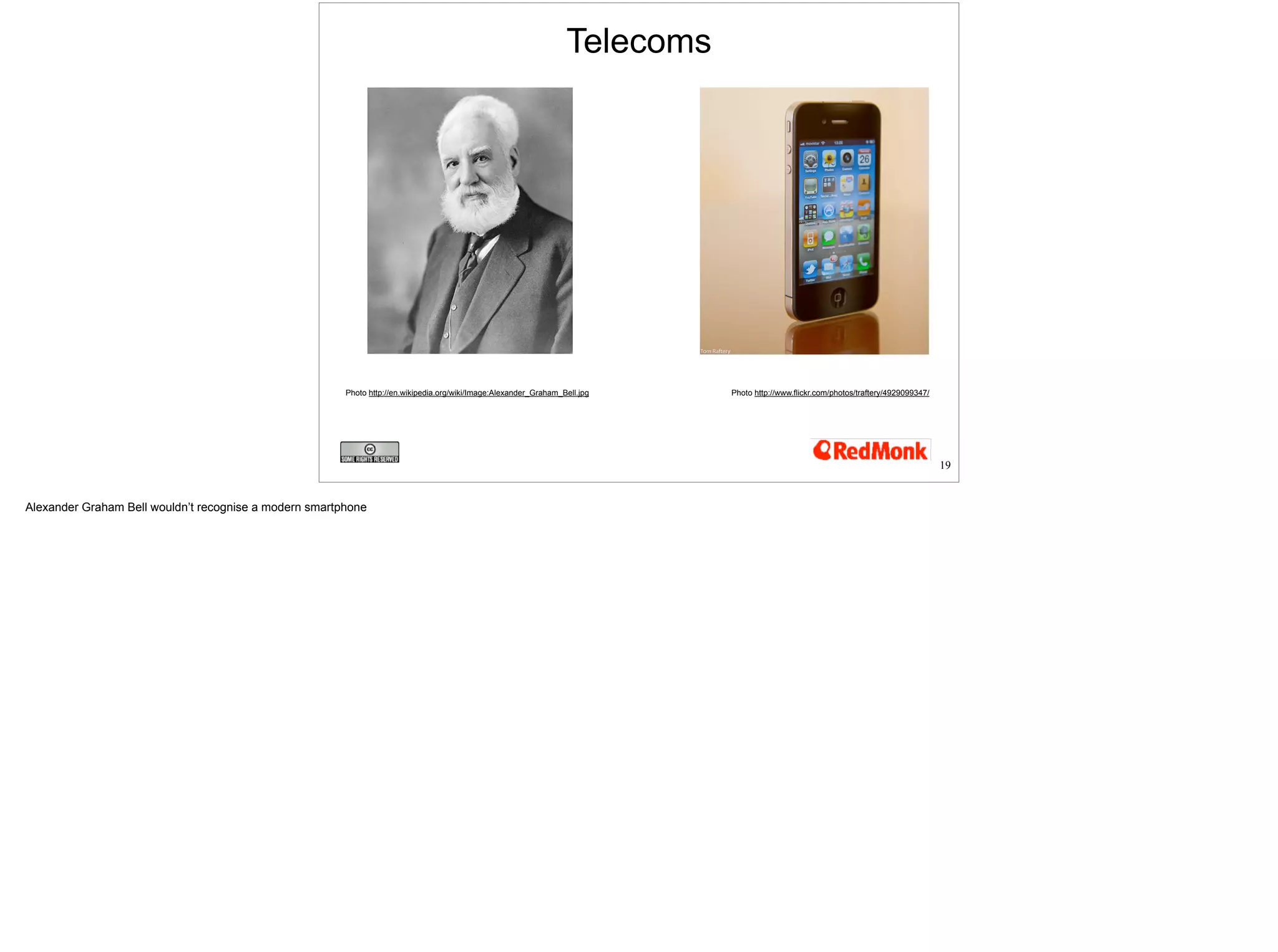 Telecoms 
19 
Photo http://www.flickr.com/photos/Photo http://en.wikipedia.org/wiki/Image:Alexander_Graham_Bell.jpg traftery/4929099347/ 
 