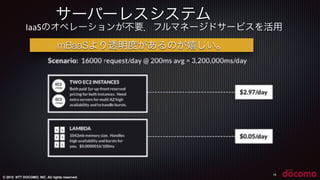 © 2015 NTT DOCOMO, INC. All rights reserved.
サーバーレスシステム
18
IaaSのオペレーションが不要．フルマネージドサービスを活用
mBaaSより透明度があるのが嬉しい。
 