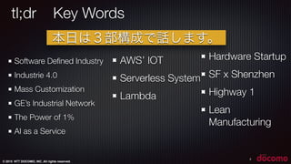 © 2015 NTT DOCOMO, INC. All rights reserved.
Software Deﬁned Industry
Industrie 4.0
Mass Customization
GE’s Industrial Network
The Power of 1%
AI as a Service
2
AWS’ IOT
Serverless System
Lambda
Hardware Startup
SF x Shenzhen
Highway 1
Lean
Manufacturing
tl;dr Key Words
本日は３部構成で話します。
 