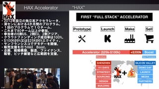 © 2015 NTT DOCOMO, INC. All rights reserved.
39
HAX Accelerator “HAX”
・2012年設立の独立系アクセラレータ。  
・深センにおける4か月間のプログラム。  
・１回のプログラムで１０チーム。  
・これまで80チーム以上が参加。  
・参加者の6割US、2割EU、2割アジア。  
・クラウドファンディング成功率は100%。  
・$100K@9%又は$25K@6%エクイティ。  
・サンフランシスコでデモデーを開催。  
・販売支援を行うHAX　Boost。  
・企画、戦略構築、製造、ファイナンス、  
　販管、ピッチ練習など広範囲を支援。
 