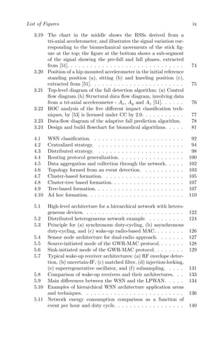 List of Figures ix
3.19 The chart in the middle shows the RSSs derived from a
tri-axial accelerometer, and illustrates the signal variation cor-
responding to the biomechanical movements of the stick fig-
ure at the top; the figure at the bottom shows a sub-segment
of the signal showing the pre-fall and fall phases, extracted
from [51]. . . . . . . . . . . . . . . . . . . . . . . . . . . . . . 74
3.20 Position of a hip mounted accelerometer in the initial reference
standing position (a), sitting (b) and kneeling position (c),
extracted from [51]. . . . . . . . . . . . . . . . . . . . . . . . 75
3.21 Top-level diagram of the fall detection algorithm: (a) Control
flow diagram (b) Structural data flow diagram, involving data
from a tri-axial accelerometer - Ax, Ay and Az [51]. . . . . . 76
3.22 ROC analysis of the five different impact classification tech-
niques, by [53] is licensed under CC by 2.0. . . . . . . . . . . 77
3.23 Data-flow diagram of the adaptive fall prediction algorithm. 78
3.24 Design and build flowchart for biomedical algorithms. . . . . 81
4.1 WSN classification. . . . . . . . . . . . . . . . . . . . . . . . 92
4.2 Centralized strategy. . . . . . . . . . . . . . . . . . . . . . . 94
4.3 Distributed strategy. . . . . . . . . . . . . . . . . . . . . . . 98
4.4 Routing protocol generalization. . . . . . . . . . . . . . . . . 100
4.5 Data aggregation and collection through the network. . . . . 102
4.6 Topology formed from an event detection. . . . . . . . . . . 103
4.7 Cluster-based formation. . . . . . . . . . . . . . . . . . . . . 105
4.8 Cluster-tree based formation. . . . . . . . . . . . . . . . . . . 107
4.9 Tree-based formation. . . . . . . . . . . . . . . . . . . . . . . 107
4.10 Ad hoc formation. . . . . . . . . . . . . . . . . . . . . . . . . 110
5.1 High-level architecture for a hierarchical network with hetero-
geneous devices. . . . . . . . . . . . . . . . . . . . . . . . . . 122
5.2 Distributed heterogeneous network example. . . . . . . . . . 124
5.3 Principle for (a) synchronous duty-cycling, (b) asynchronous
duty-cycling, and (c) wake-up radio-based MAC. . . . . . . . 126
5.4 Sensor node architecture for dual-radio approach. . . . . . . 127
5.5 Source-initiated mode of the GWR-MAC protocol. . . . . . . 128
5.6 Sink-initiated mode of the GWR-MAC protocol. . . . . . . . 129
5.7 Typical wake-up receiver architectures: (a) RF envelope detec-
tion, (b) uncertain-IF, (c) matched filter, (d) injection-locking,
(e) superregenerative oscillator, and (f) subsampling. . . . . 131
5.8 Comparison of wake-up receivers and their architectures. . . 133
5.9 Main differences between the WSN and the LPWAN. . . . . 134
5.10 Examples of hierarchical WSN architecture application areas
and techniques. . . . . . . . . . . . . . . . . . . . . . . . . . 136
5.11 Network energy consumption comparison as a function of
event per hour and duty cycle. . . . . . . . . . . . . . . . . . 140
 