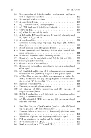 xii List of Figures
8.8 Representation of injection-locked nonharmonic oscillators
with a single-tone injection. . . . . . . . . . . . . . . . . . . 215
8.9 Divide-by-2 wireless receiver. . . . . . . . . . . . . . . . . . . 216
8.10 A phase-locked loop. . . . . . . . . . . . . . . . . . . . . . . 217
8.11 (a) D flip-flop and (b) timing diagram. . . . . . . . . . . . . 217
8.12 (a) CML latch and (b) divide-by-2 circuit. . . . . . . . . . . 218
8.13 TSPC flip-flop. . . . . . . . . . . . . . . . . . . . . . . . . . . 218
8.14 (a) Miller divider and (b) model. . . . . . . . . . . . . . . . . 219
8.15 A differential LC-based frequency divider: (a) schematic and
(b) signal at Vout and VP . . . . . . . . . . . . . . . . . . . . . 221
8.16 A tuned amplifier. . . . . . . . . . . . . . . . . . . . . . . . . 221
8.17 Enhanced Locking range topology. Top right: [32], bottom
right: [51]. . . . . . . . . . . . . . . . . . . . . . . . . . . . . 222
8.18 Direct injection-locked frequency divider. . . . . . . . . . . . 223
8.19 Direct injection-locked frequency divider with boosted 3rd-
order harmonic. . . . . . . . . . . . . . . . . . . . . . . . . . 224
8.20 Dual-direct injection-locked frequency divider. . . . . . . . . 224
8.21 Direct injection for odd division: (a) [54] (b) [40] and [39]. . 225
8.22 Superregenerative receiver. . . . . . . . . . . . . . . . . . . . 229
8.23 One-port mode of the oscillator. . . . . . . . . . . . . . . . . 229
8.24 Response of the oscillator according to the quench signal and
OOK signal. . . . . . . . . . . . . . . . . . . . . . . . . . . . 230
8.25 (a) Simplified architecture of Q enhancement superregenera-
tive receiver and (b) timing diagram of the quench signal. . . 231
8.26 (a) Simplified architecture of the superregenerative receiver for
BFSK modulation and (b) timing diagram of demodulation
(t1 < t2: bit “0”, t4 < t3: bit “1”). . . . . . . . . . . . . . . . 233
8.27 Injection-locked receiver. . . . . . . . . . . . . . . . . . . . . 234
8.28 Frequency-to-amplitude conversion. . . . . . . . . . . . . . . 235
8.29 (a) Diagram of [56]’s transceiver, and (b) envelope of
frequency-to-amplitude. . . . . . . . . . . . . . . . . . . . . . 236
8.30 BFSK demodulation in ref. [58]. Note, f1 is injection pulling
and f2 is injection locked. . . . . . . . . . . . . . . . . . . . . 237
8.31 (a) The simplified BPSK receiver and (b) the output signal
after the combiner. . . . . . . . . . . . . . . . . . . . . . . . 238
9.1 Simplified diagram of (a) Cartesian, (b) direct polar (DP) and
(c) out-phasing (OP) radio transmitter. . . . . . . . . . . . . 249
9.2 Phase modulator architecture: (a) direct and (b) indirect phase
modulation. . . . . . . . . . . . . . . . . . . . . . . . . . . . 251
9.3 Waveforms of phase- and frequency-modulation signal. . . . 252
9.4 PLL architectures: (a) analog and (b) digital. . . . . . . . . 253
9.5 Block schematic of a DPLL. . . . . . . . . . . . . . . . . . . 255
9.6 Block schematic of a DTC-based DPLL. . . . . . . . . . . . 256
 