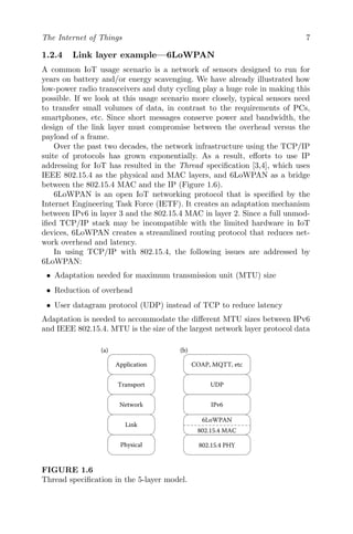 The Internet of Things 7
1.2.4 Link layer example—6LoWPAN
A common IoT usage scenario is a network of sensors designed to run for
years on battery and/or energy scavenging. We have already illustrated how
low-power radio transceivers and duty cycling play a huge role in making this
possible. If we look at this usage scenario more closely, typical sensors need
to transfer small volumes of data, in contrast to the requirements of PCs,
smartphones, etc. Since short messages conserve power and bandwidth, the
design of the link layer must compromise between the overhead versus the
payload of a frame.
Over the past two decades, the network infrastructure using the TCP/IP
suite of protocols has grown exponentially. As a result, efforts to use IP
addressing for IoT has resulted in the Thread specification [3,4], which uses
IEEE 802.15.4 as the physical and MAC layers, and 6LoWPAN as a bridge
between the 802.15.4 MAC and the IP (Figure 1.6).
6LoWPAN is an open IoT networking protocol that is specified by the
Internet Engineering Task Force (IETF). It creates an adaptation mechanism
between IPv6 in layer 3 and the 802.15.4 MAC in layer 2. Since a full unmod-
ified TCP/IP stack may be incompatible with the limited hardware in IoT
devices, 6LoWPAN creates a streamlined routing protocol that reduces net-
work overhead and latency.
In using TCP/IP with 802.15.4, the following issues are addressed by
6LoWPAN:
• Adaptation needed for maximum transmission unit (MTU) size
• Reduction of overhead
• User datagram protocol (UDP) instead of TCP to reduce latency
Adaptation is needed to accommodate the different MTU sizes between IPv6
and IEEE 802.15.4. MTU is the size of the largest network layer protocol data
Link
Physical
Network
Transport
Application
802.15.4 MAC
802.15.4 PHY
IPv6
UDP
COAP, MQTT, etc
(a) (b)
6LoWPAN
FIGURE 1.6
Thread specification in the 5-layer model.
 