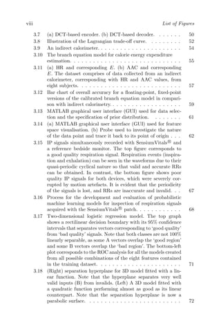 viii List of Figures
3.7 (a) DCT-based encoder. (b) DCT-based decoder. . . . . . . 50
3.8 Illustration of the Lagrangian trade-off curve. . . . . . . . . 52
3.9 An indirect calorimeter. . . . . . . . . . . . . . . . . . . . . . 54
3.10 The branch equation model for calorie energy expenditure
estimation. . . . . . . . . . . . . . . . . . . . . . . . . . . . . 55
3.11 (a) HR and corresponding E. (b) AAC and corresponding
E. The dataset comprises of data collected from an indirect
calorimeter, corresponding with HR and AAC values, from
eight subjects. . . . . . . . . . . . . . . . . . . . . . . . . . . 57
3.12 Bar chart of overall accuracy for a floating-point, fixed-point
versions of the calibrated branch equation model in compari-
son with indirect calorimetry. . . . . . . . . . . . . . . . . . . 59
3.13 MATLAB graphical user interface (GUI) used for data selec-
tion and the specification of prior distribution. . . . . . . . 61
3.14 (a) MATLAB graphical user interface (GUI) used for feature
space visualisation. (b) Probe used to investigate the nature
of the data point and trace it back to its point of origin . . . 62
3.15 IP signals simultaneously recorded with SensiumVitals R

and
a reference bedside monitor. The top figure corresponds to
a good quality respiration signal. Respiration events (inspira-
tion and exhalation) can be seen in the waveforms due to their
quasi-periodic cyclical nature so that valid and accurate RRs
can be obtained. In contrast, the bottom figure shows poor
quality IP signals for both devices, which were severely cor-
rupted by motion artefacts. It is evident that the periodicity
of the signals is lost, and RRs are inaccurate and invalid. . . 67
3.16 Process for the development and evaluation of probabilistic
machine learning models for inspection of respiration signals
acquired with the SensiumVitals R

patch. . . . . . . . . . . . 68
3.17 Two-dimensional logistic regression model. The top graph
shows a rectilinear decision boundary with its 95% confidence
intervals that separates vectors corresponding to ‘good quality’
from ‘bad quality’ signals. Note that both classes are not 100%
linearly separable, as some A vectors overlap the ‘good region’
and some B vectors overlap the ‘bad region’. The bottom-left
plot corresponds to the ROC analysis for all the models created
from all possible combinations of the eight features contained
in the training dataset. . . . . . . . . . . . . . . . . . . . . . 71
3.18 (Right) separation hyperplane for 3D model fitted with a lin-
ear function. Note that the hyperplane separates very well
valid inputs (B) from invalids. (Left) A 3D model fitted with
a quadratic function performing almost as good as its linear
counterpart. Note that the separation hyperplane is now a
parabolic surface. . . . . . . . . . . . . . . . . . . . . . . . . 72
 