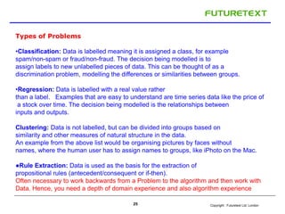 Copyright : Futuretext Ltd. London25
Types of Problems
•Classification: Data is labelled meaning it is assigned a class, for example
spam/non-spam or fraud/non-fraud. The decision being modelled is to
assign labels to new unlabelled pieces of data. This can be thought of as a
discrimination problem, modelling the differences or similarities between groups.
•Regression: Data is labelled with a real value rather
than a label. Examples that are easy to understand are time series data like the price of
a stock over time. The decision being modelled is the relationships between
inputs and outputs.
Clustering: Data is not labelled, but can be divided into groups based on
similarity and other measures of natural structure in the data.
An example from the above list would be organising pictures by faces without
names, where the human user has to assign names to groups, like iPhoto on the Mac.
●Rule Extraction: Data is used as the basis for the extraction of
propositional rules (antecedent/consequent or if-then).
Often necessary to work backwards from a Problem to the algorithm and then work with
Data. Hence, you need a depth of domain experience and also algorithm experience
 