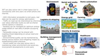 Building management
system
Social and media
Healthcare
Logistics & shipping
Energy grid Farming
Personalized
insurance
Identity & tracking
Home automationEnvironment
IOT can play active role in urban space due to
connectivity with end users via smart phone and
internet.
- With information accessible to end users, real
data can be used for energy optimization.
- Traffic on road can be channelized by informing
user about alternate routes as well as shared
vehicle options in advance
- Building can be managed for optimum energy
usage based on real data of people occupying
space
- Renewable energy can be shared with
neighbourhood depending on actual need and
supply data
- Environmental quality can be maintained by
linking various factors and mitigating impact by
implementing green practices.
- Social media can now play active role in
maintaining urban environment and avoid any
inconvenient developments to end users
 