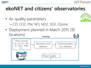 ekoNET and citizens’ observatories
• Air quality parameters
– CO, CO2, PM, NO, NO2, SO2, Ozone
• Deployment planned in Mar...