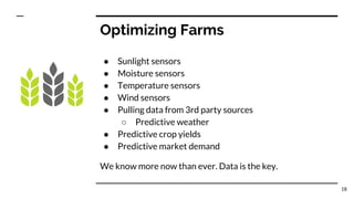 Optimizing Farms
● Sunlight sensors
● Moisture sensors
● Temperature sensors
● Wind sensors
● Pulling data from 3rd party sources
○ Predictive weather
● Predictive crop yields
● Predictive market demand
We know more now than ever. Data is the key.
18
 