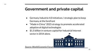 Government and private capital
● Germany Industrie 4.0 initiatives / strategic plan to keep
Germany at the forefront
● “Made in China” 2025 strategy to promote accelerated
adoption of digital technologies
● $1.5 billion in venture capital for Industrial Internet
sector in 2014 alone.
Source: World Economic Forum
22
 