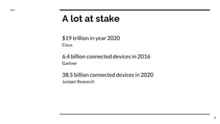 A lot at stake
$19 trillion in year 2020
Cisco
6.4 billion connected devices in 2016
Gartner
38.5 billion connected devices in 2020
Juniper Research
9
 