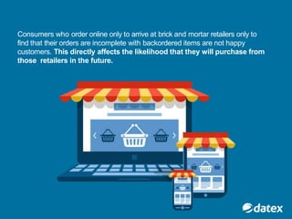 Consumers who order online only to arrive at brick and mortar retailers only to
find that their orders are incomplete with backordered items are not happy
customers. This directly affects the likelihood that they will purchase from
those retailers in the future.
 