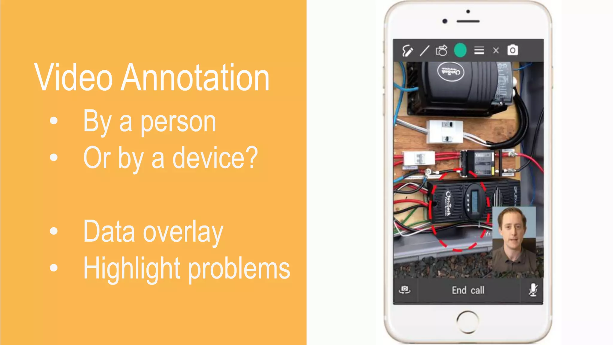 Video Annotation
• By a person
• Or by a device?
• Data overlay
• Highlight problems
 