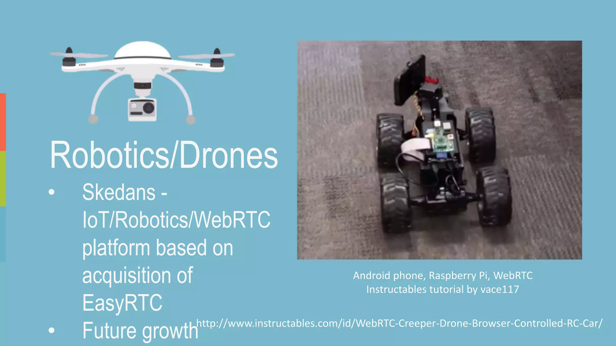 Robotics/Drones
• Skedans -
IoT/Robotics/WebRTC
platform based on
acquisition of
EasyRTC
• Future growth
http://www.instructables.com/id/WebRTC-Creeper-Drone-Browser-Controlled-RC-Car/
Android phone, Raspberry Pi, WebRTC
Instructables tutorial by vace117
 