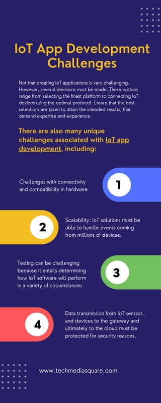IoT App Development
Challenges
1
2
3
4
There are also many unique
challenges associated with IoT app
development, including:
Not that creating IoT applications is very challenging.
However, several decisions must be made. These options
range from selecting the finest platform to connecting IoT
devices using the optimal protocol. Ensure that the best
selections are taken to attain the intended results, that
demand expertise and experience.
Scalability: IoT solutions must be
able to handle events coming
from millions of devices.
Data transmission from IoT sensors
and devices to the gateway and
ultimately to the cloud must be
protected for security reasons.
Challenges with connectivity
and compatibility in hardware
Testing can be challenging
because it entails determining
how IoT software will perform
in a variety of circumstances
www.techmediasquare.com
 