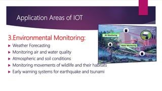 Application Areas of IOT
3.Environmental Monitoring:
 Weather Forecasting
 Monitoring air and water quality
 Atmospheric and soil conditions
 Monitoring movements of wildlife and their habitats
 Early warning systems for earthquake and tsunami
 