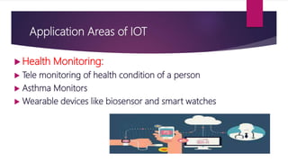 Application Areas of IOT
 Health Monitoring:
 Tele monitoring of health condition of a person
 Asthma Monitors
 Wearable devices like biosensor and smart watches
 