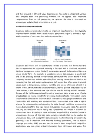 and thus analyzed in different ways. Depending on how data is categorized, various
data analytics tools and processing methods can be applied. Two important
categorizations from an IoT perspective are whether the data is structured or
unstructured and whether it is in motion or at rest.
Structured vs unstructured data
Structured data and unstructured data are important classifications as they typically
require different toolsets from a data analytics perspective. Figure 2 provides a high-
level comparison of structured data and unstructured data.
Structured data means that the data follows a model or schema that defines how the
data is represented or organized, meaning it fits well with a traditional relational
database management system (RDBMS). Inmany cases you will find structured data in a
simple tabular form—for example, a spreadsheet where data occupies a specific cell
and can be explicitly defined and referenced. Structured data can be found in most
computing systems and includes everything from banking transaction and invoices to
computer log files and router configurations. IoT sensor data often uses structured
values, such as temperature, pressure, humidity, and so on, which are all sent in a
known format. Structured data is easily formatted, stored, queried, and processed; for
these reasons, it has been the core type of data used for making business decisions.
Because of the highly organizational format of structured data, a wide array of data
analytics tools are readily available for processing this type of data. From custom scripts
to commercial software like Microsoft Excel and Tableau, most people are familiar and
comfortable with working with structured data. Unstructured data lacks a logical
schema for understanding and decoding the data through traditional programming
means. Examples of this data type include text, speech, images, and video. As a general
rule, any data that does not fit neatly into a predefined data model is classified as
unstructured data. According to some estimates, around 80% of a business’s data is
unstructured. Because of this fact, data analytics methods that can be applied to
unstructured data, such as cognitive computing and machine learning, are deservedly
garnering a lot of attention. With machine learning applications, such as natural
language processing (NLP), you can decode speech. With image/facial recognition
applications, you can extract critical information from still images and video. The
 
