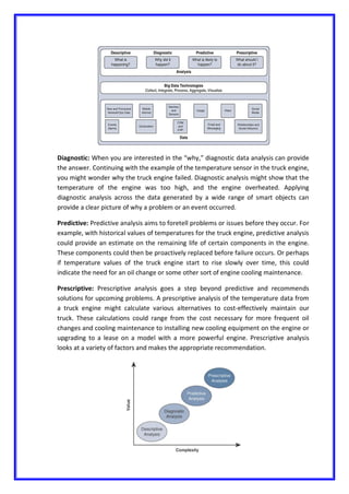 Diagnostic: When you are interested in the “why,” diagnostic data analysis can provide
the answer. Continuing with the example of the temperature sensor in the truck engine,
you might wonder why the truck engine failed. Diagnostic analysis might show that the
temperature of the engine was too high, and the engine overheated. Applying
diagnostic analysis across the data generated by a wide range of smart objects can
provide a clear picture of why a problem or an event occurred.
Predictive: Predictive analysis aims to foretell problems or issues before they occur. For
example, with historical values of temperatures for the truck engine, predictive analysis
could provide an estimate on the remaining life of certain components in the engine.
These components could then be proactively replaced before failure occurs. Or perhaps
if temperature values of the truck engine start to rise slowly over time, this could
indicate the need for an oil change or some other sort of engine cooling maintenance.
Prescriptive: Prescriptive analysis goes a step beyond predictive and recommends
solutions for upcoming problems. A prescriptive analysis of the temperature data from
a truck engine might calculate various alternatives to cost-effectively maintain our
truck. These calculations could range from the cost necessary for more frequent oil
changes and cooling maintenance to installing new cooling equipment on the engine or
upgrading to a lease on a model with a more powerful engine. Prescriptive analysis
looks at a variety of factors and makes the appropriate recommendation.
 
